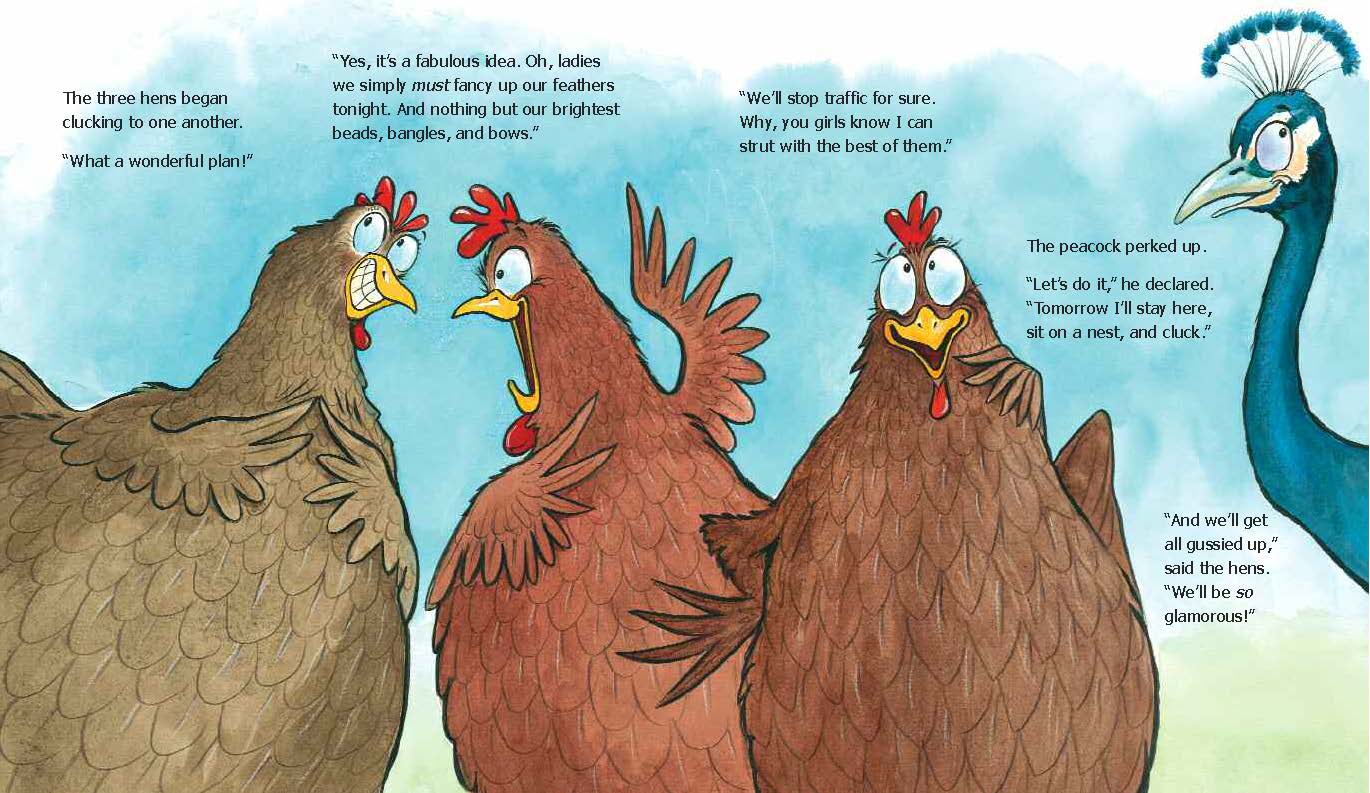 Three Hens and a Peacock Spread